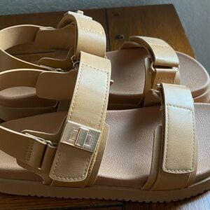 Neutral Tan Strappy Sandals with Gold Accent